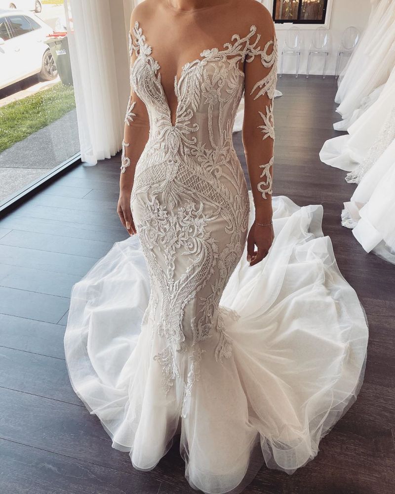 Long Sleevess V neck Lace Mermaid white Wedding Dresses Online