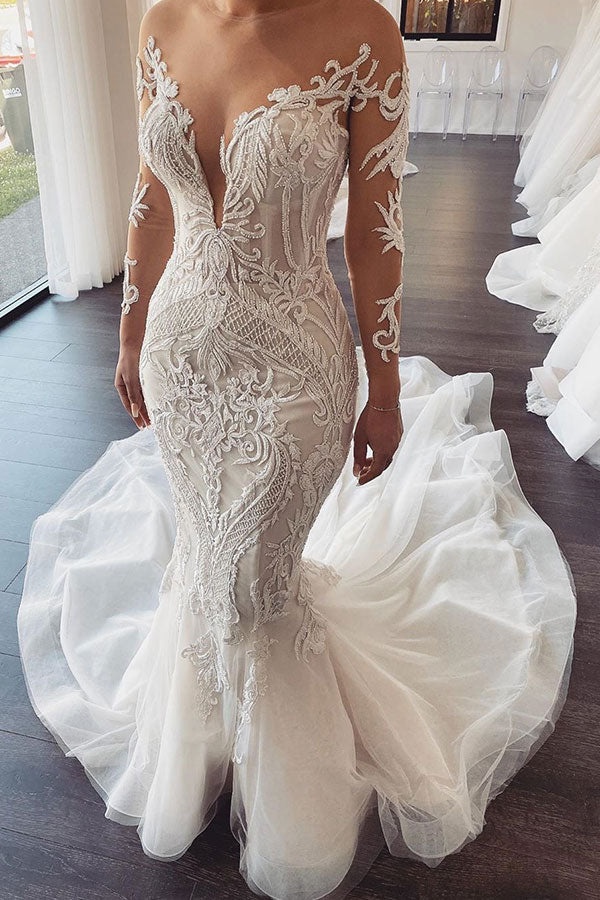 Long Sleevess V neck Lace Mermaid white Wedding Dresses Online