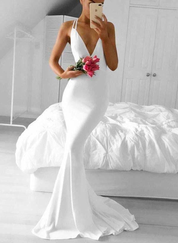 Low Back Mermaid Fitted Wedding Dresses Hot Deep V-Neck