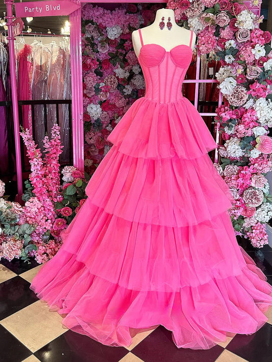 Lula | Hot Pink Ball Gown Tiered Tulle Long Prom Dress