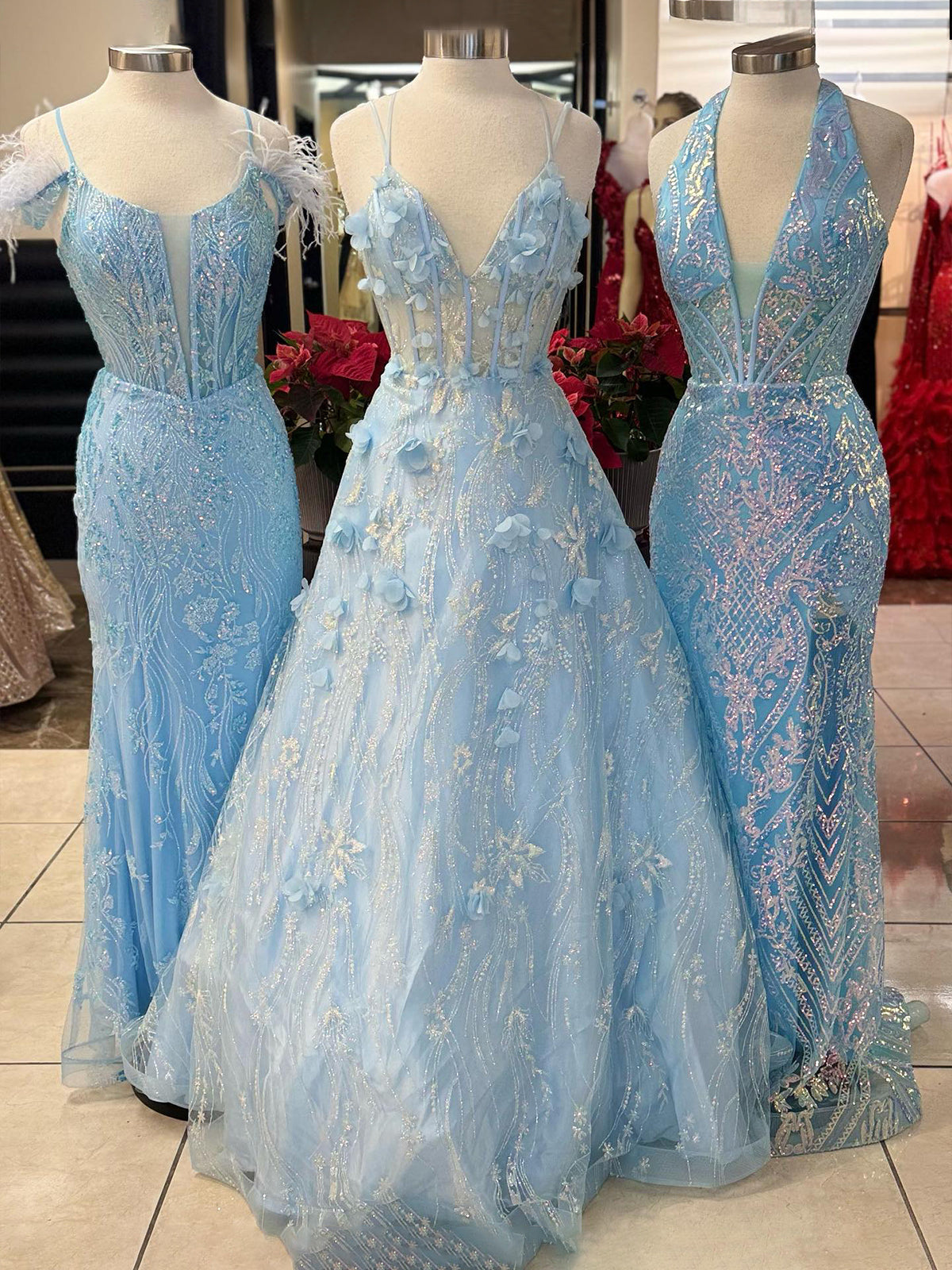 Luminea | Light Blue 3D Flower Lace V-Neck A-Line Long Prom Dress