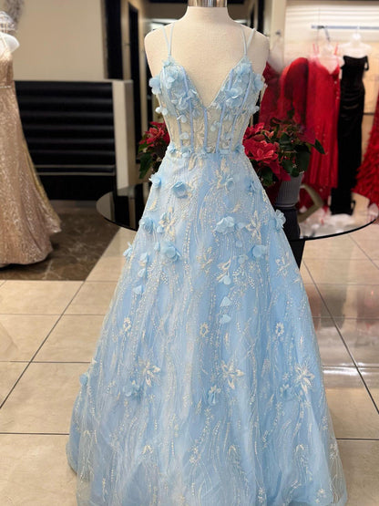 Luminea | Light Blue 3D Flower Lace V-Neck A-Line Long Prom Dress