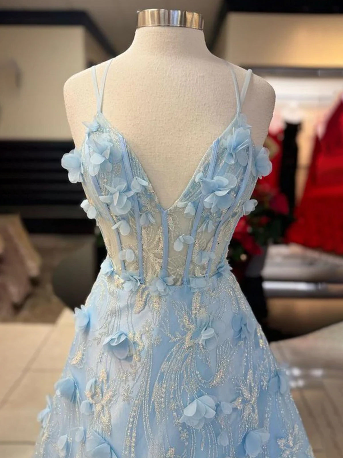 Luminea | Light Blue 3D Flower Lace V-Neck A-Line Long Prom Dress