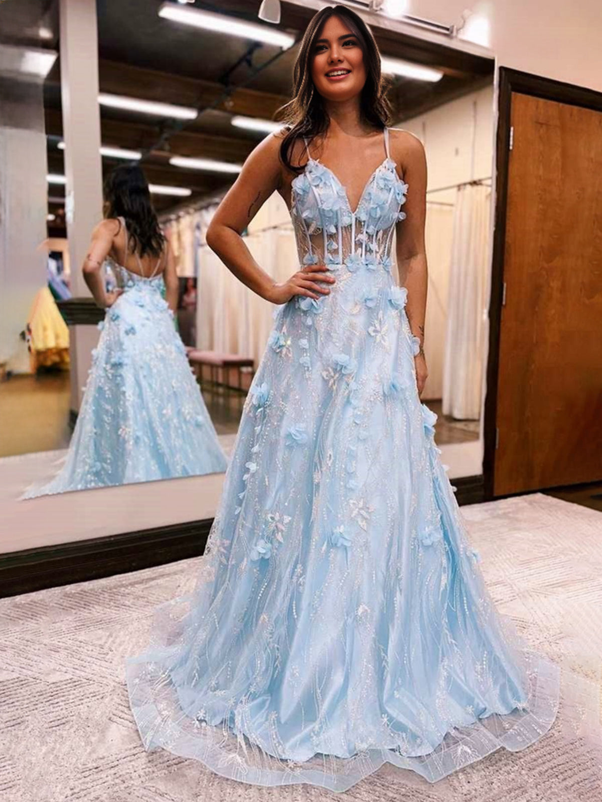 Luminea | Light Blue 3D Flower Lace V-Neck A-Line Long Prom Dress