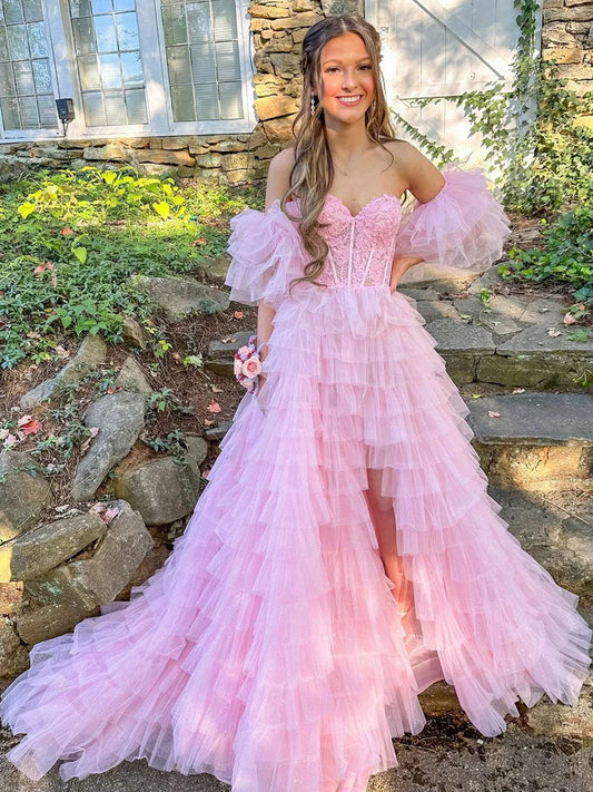 Lunaire | A Line Sweetheart Pink Tiered Tulle Prom Dress with Slit