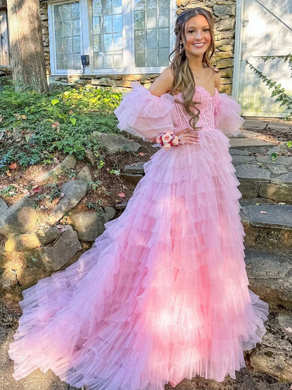 Lunaire | A Line Sweetheart Pink Tiered Tulle Prom Dress with Slit