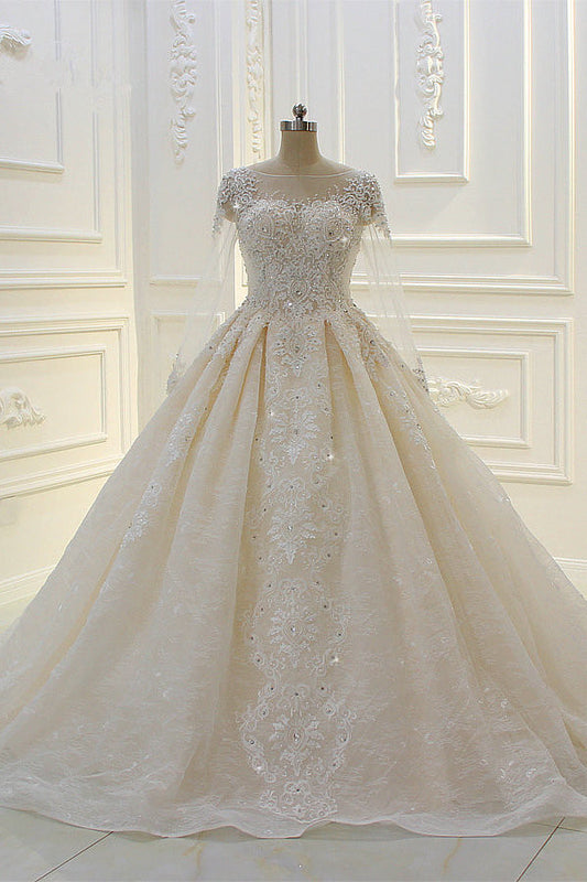 Luxurious Ball Gown Long Sleevess Lace Applqiues Beadings Wedding Dress