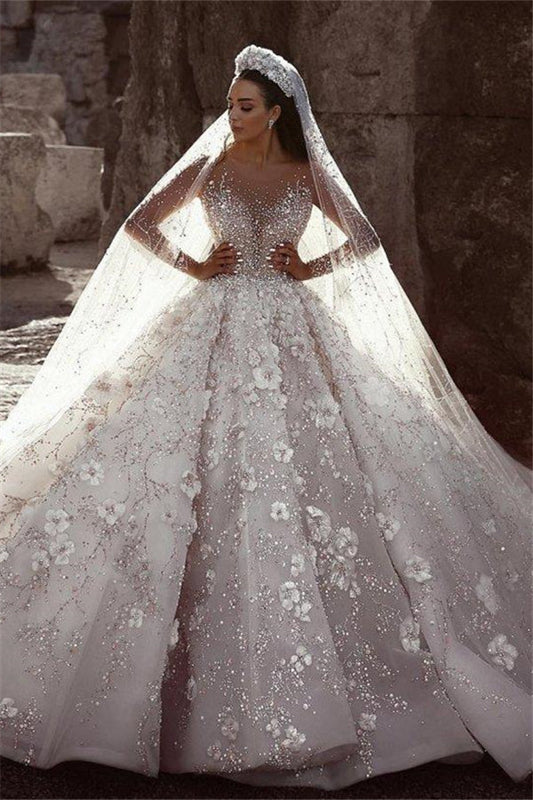 Luxurious Beading Floral Bridal Gowns Sheer Neck Long Sleevess Ball Gown Wedding Dresses