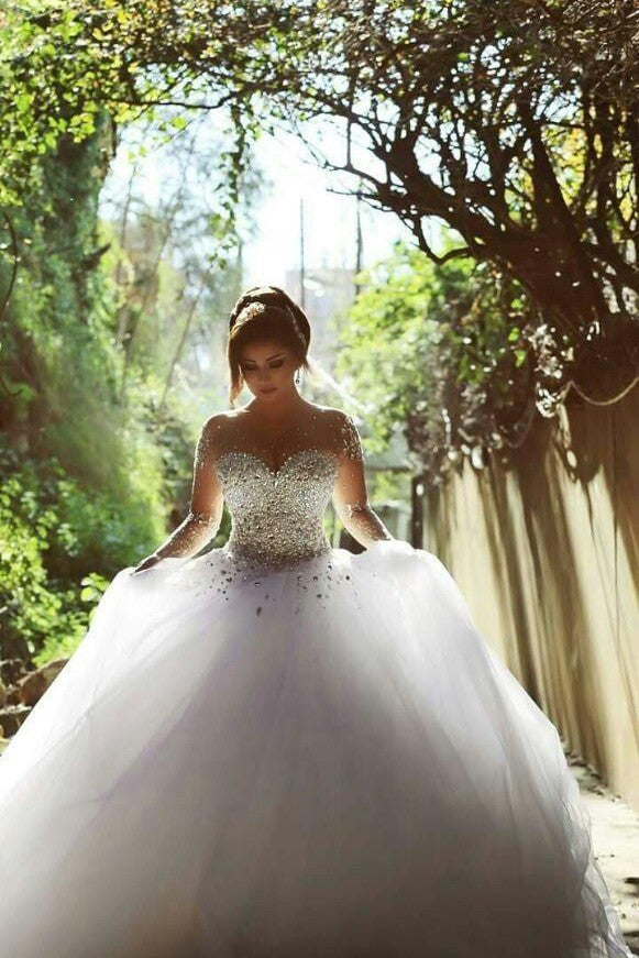 Luxurious Crystals Beading Long Sleevess Ball Gown Wedding Dresses