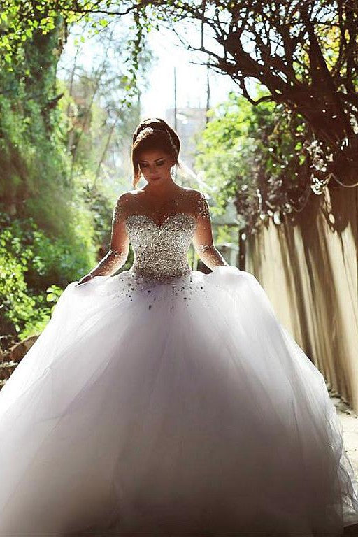 Luxurious Crystals Beading Long Sleevess Ball Gown Wedding Dresses