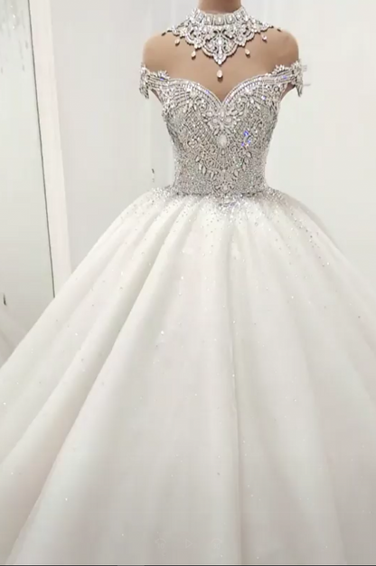 Luxurious High Neck Crystal Beading Ball Gown Wedding Dresses