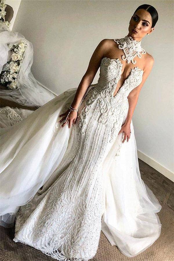 Luxurious High Neck Mermaid Sleeveless Wedding DressNew Arrival Lace Appliques Overskirt Bridal Gown