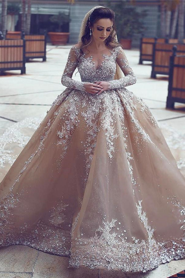 Luxurious Long Sleeve Beadings Ball Gown Appliques Wedding Dress