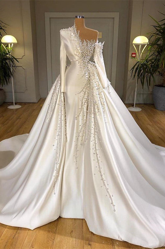 Luxurious Long Sleeve Pearls Overskirt Wedding Dress Online