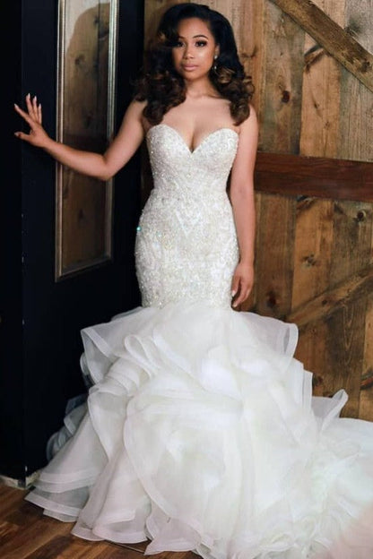 Luxurious Mermaid Beading Wedding Dresses Sweetheart Neck Ruffless Skirt Bridal Gowns