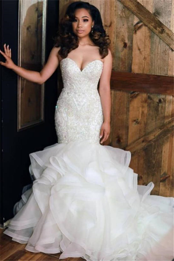 Luxurious Mermaid Beading Wedding Dresses Sweetheart Neck Ruffless Skirt Bridal Gowns