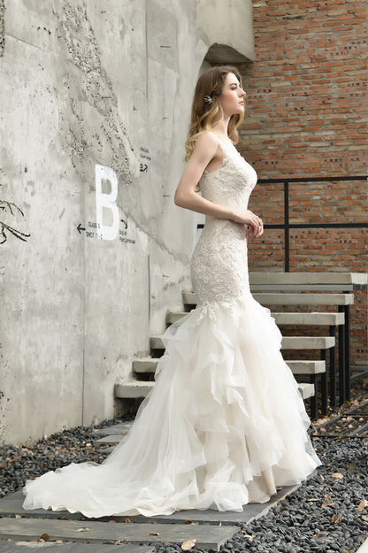 Luxurious Mermaid Ivory V neck Spring Lace Wedding Dress with Ruffless Train