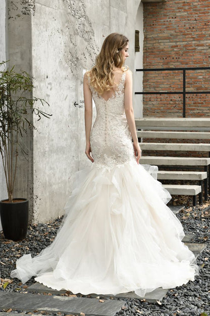 Luxurious Mermaid Ivory V neck Spring Lace Wedding Dress with Ruffless Train