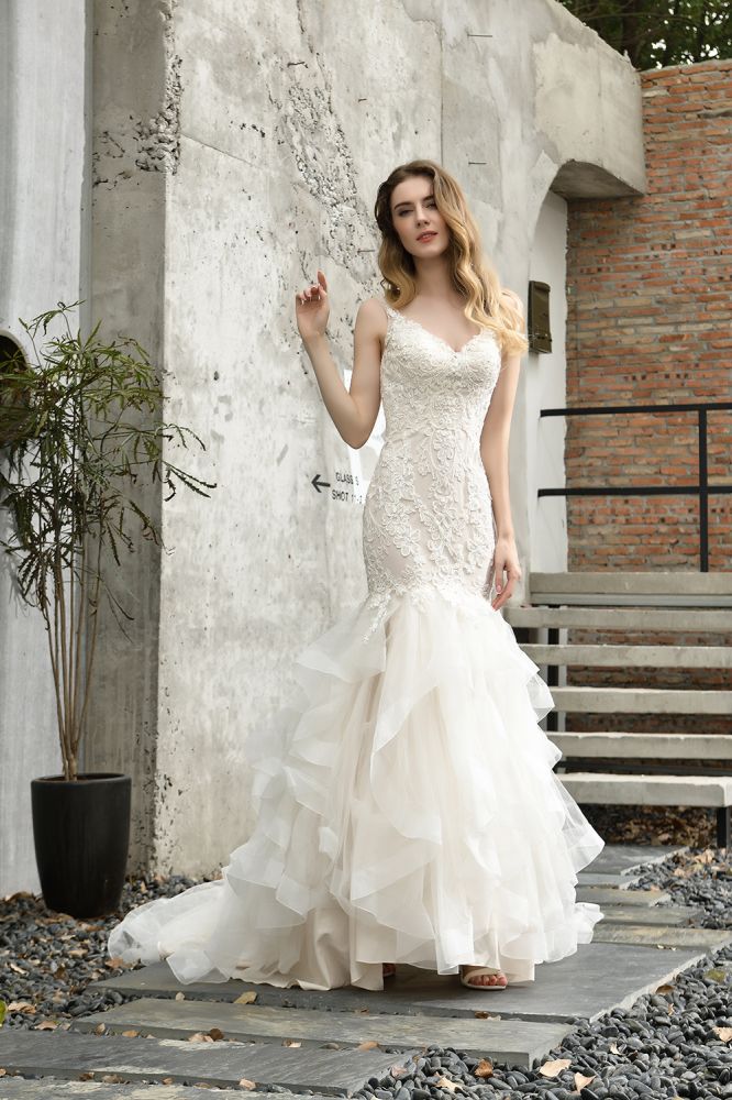 Luxurious Mermaid Ivory V neck Spring Lace Wedding Dress with Ruffless Train