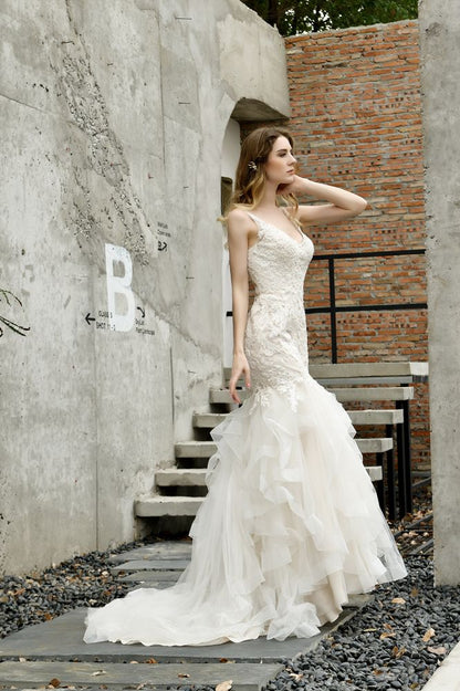 Luxurious Mermaid Ivory V neck Spring Lace Wedding Dress with Ruffless Train