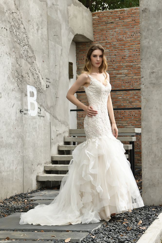 Luxurious Mermaid Ivory V neck Spring Lace Wedding Dress with Ruffless Train