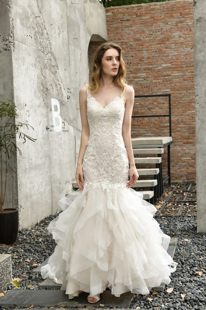 Luxurious Mermaid Ivory V neck Spring Lace Wedding Dress with Ruffless Train