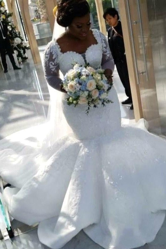 Luxurious Mermaid Lace Wedding Dresses Chapel Train Long Sleevess Appliques Bridal Gowms