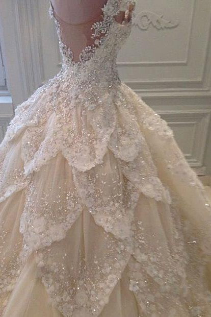 Luxurious Off the Shoulder Beading Wedding Dress Crystal Tiered Chapel Train Bridal Gowns