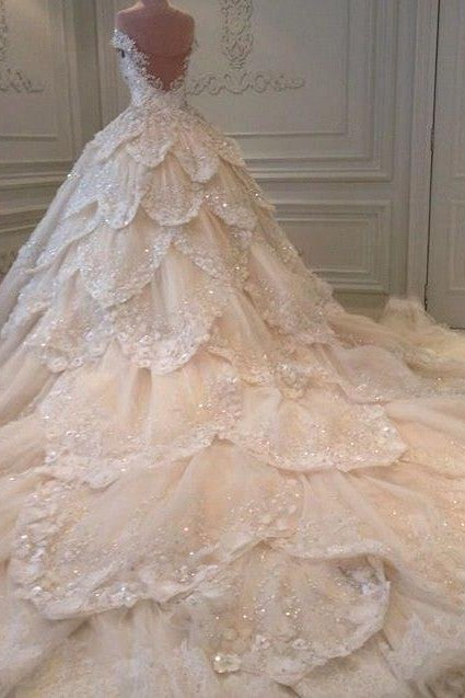 Luxurious Off the Shoulder Beading Wedding Dress Crystal Tiered Chapel Train Bridal Gowns