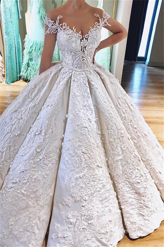 Luxurious Off the Shoulder V Neck Lace Appliques Ball Gowns Wedding Dress