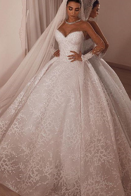 Luxurious Sparkle Beaded Ball Gown Tulle Lace Illusion neck Wedding Dress