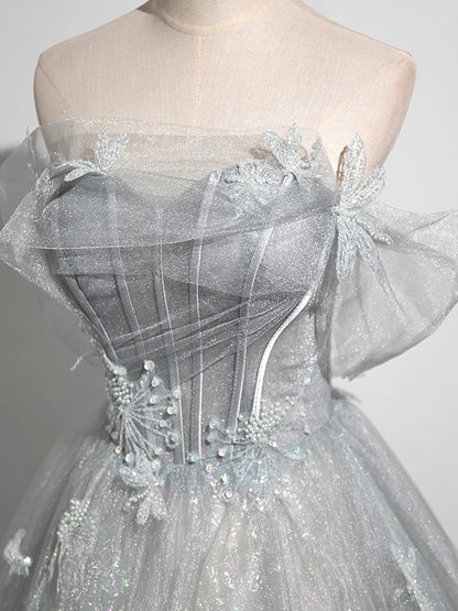 Tiana | Gray A-Line Off the Shoulder Tulle Prom Dress, Lovely Corset Floor Length Party Dress