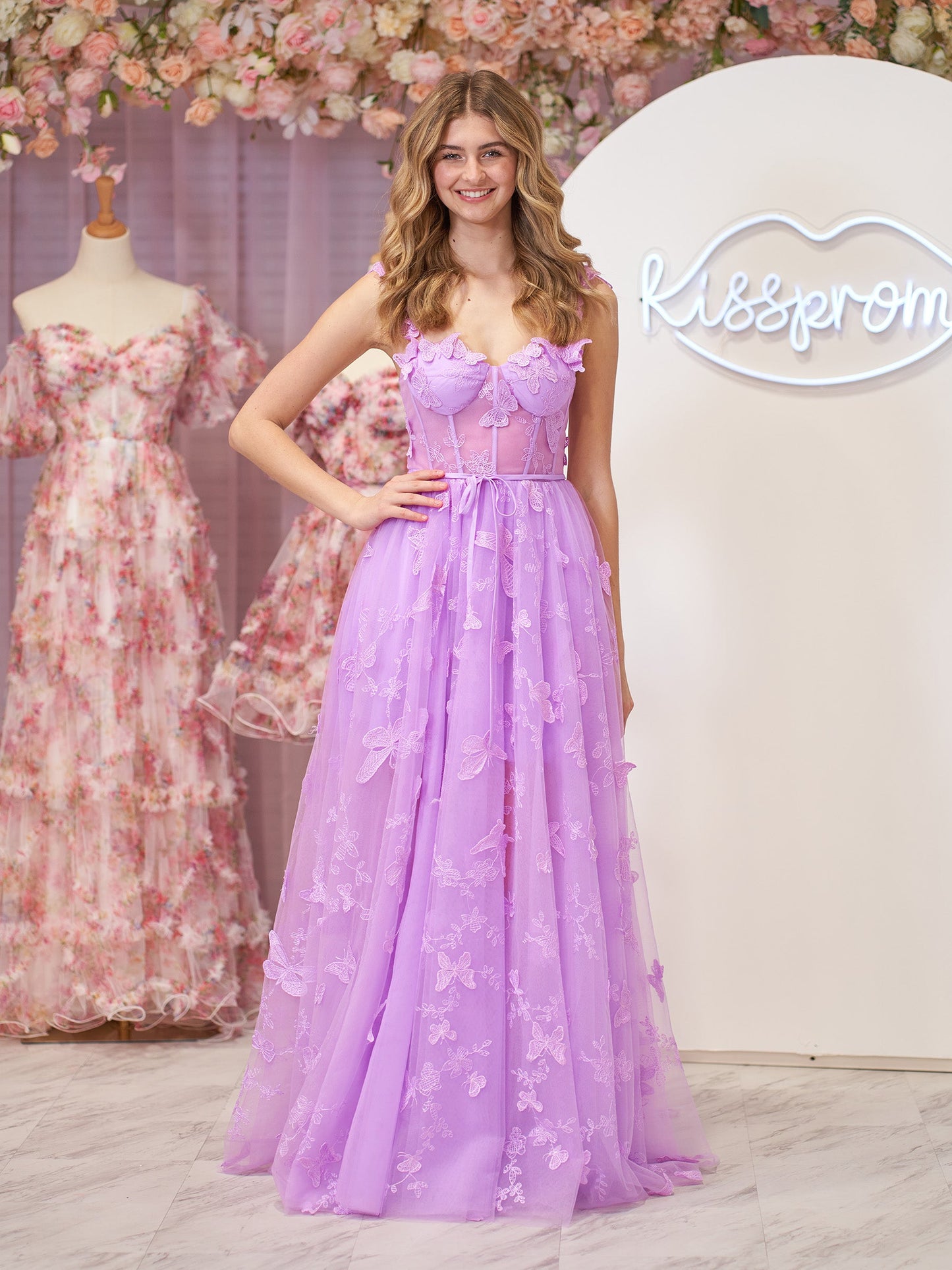 Lydia | Lilac A-line Butterfly Lace Lilac Corset Prom Dress with Slit