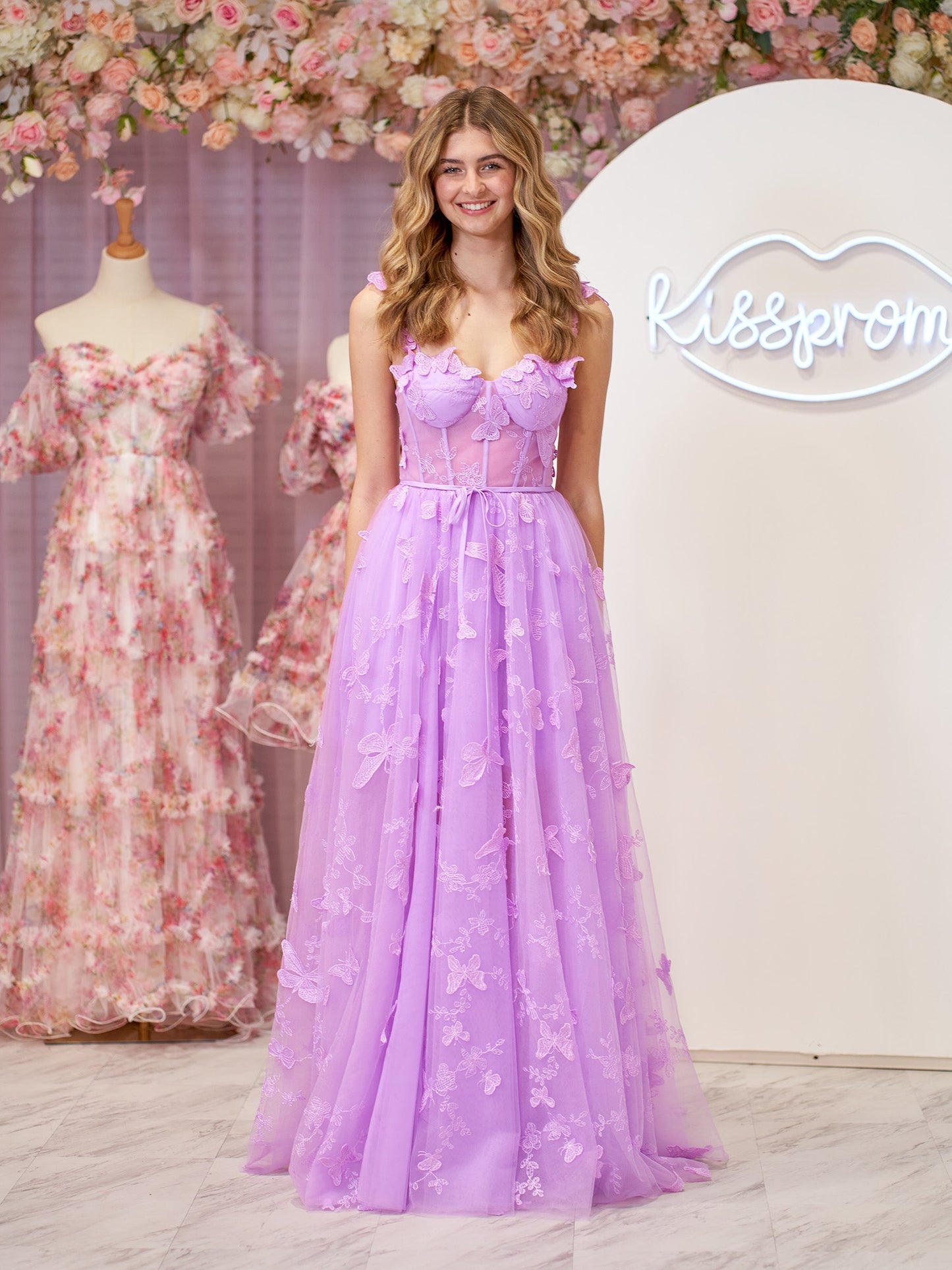 Lydia | Lilac A-line Butterfly Lace Lilac Corset Prom Dress with Slit