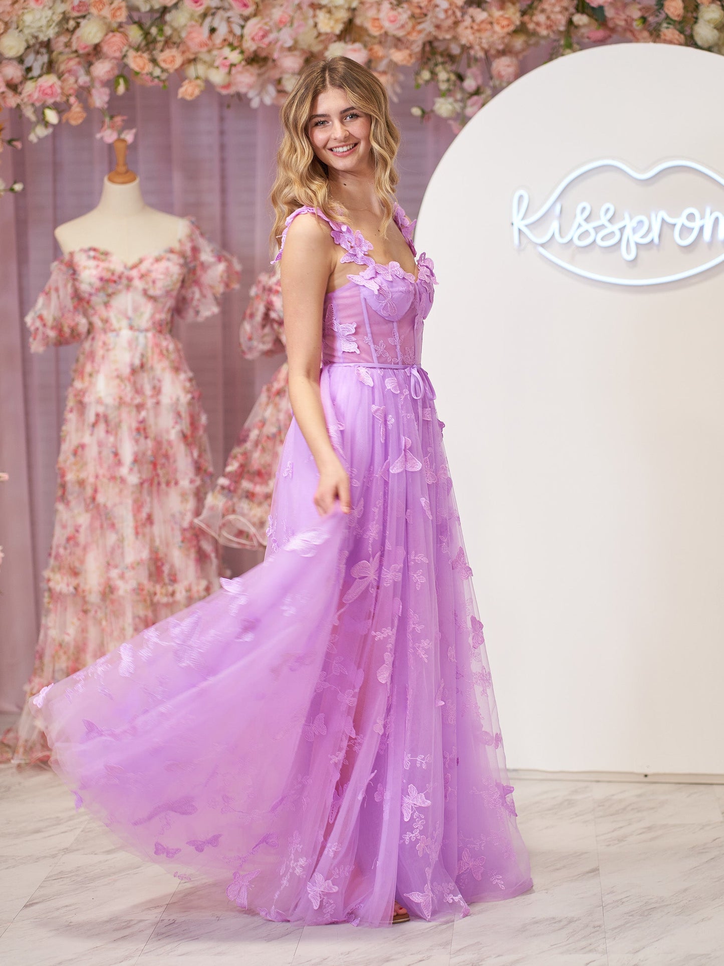 Lydia | Lilac A-line Butterfly Lace Lilac Corset Prom Dress with Slit