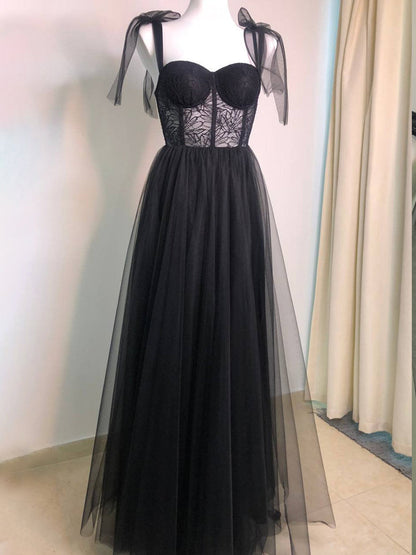 Maebi | A-line Black Lace Corset Tulle Long Prom Dress