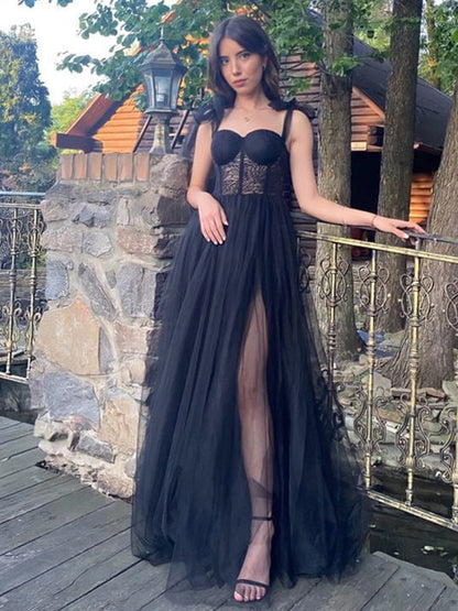 Maebi | A-line Black Lace Corset Tulle Long Prom Dress