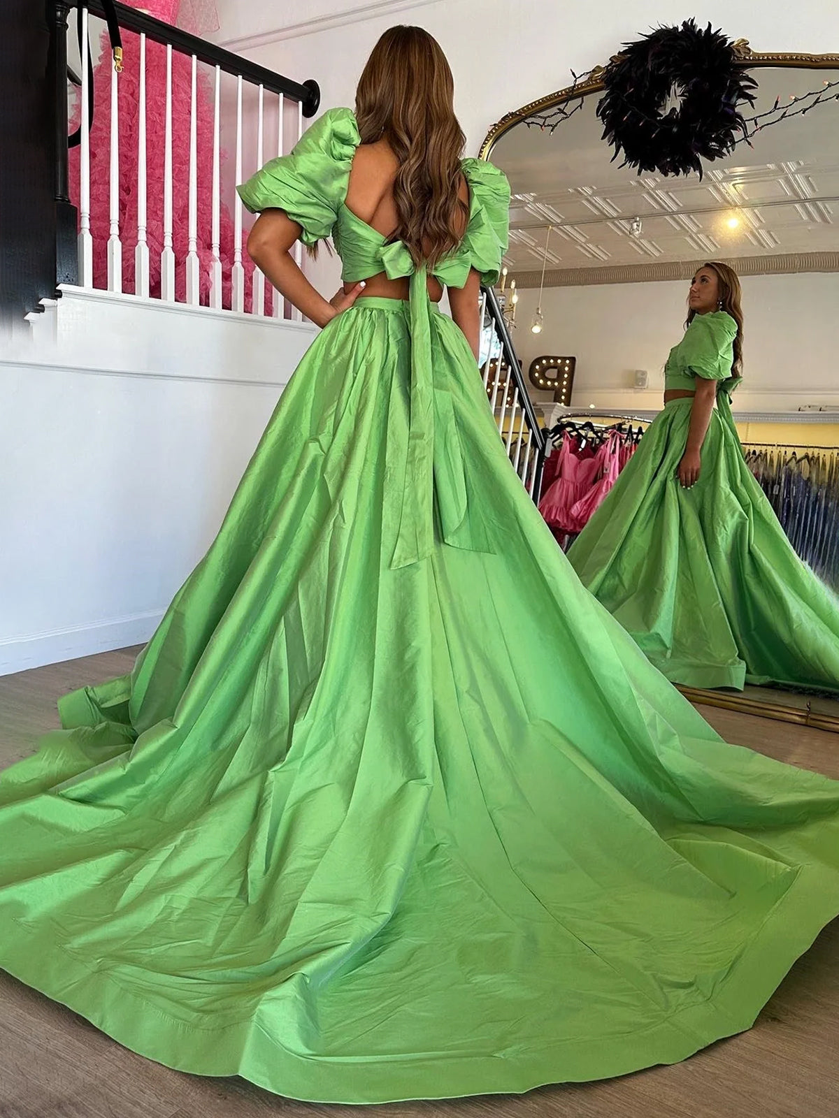 Makai | Green Two-Piece Puff Sleeves Satin Long Prom Dress With Split