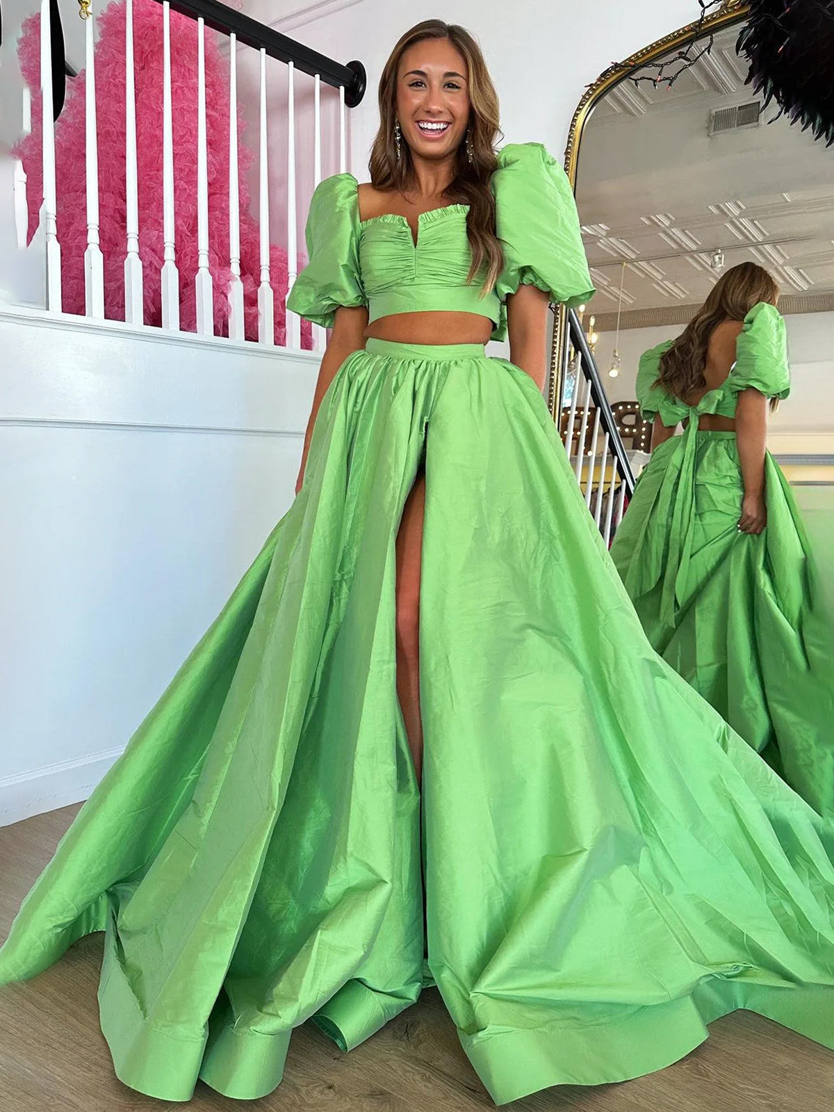 Makai | Green Two-Piece Puff Sleeves Satin Long Prom Dress With Split