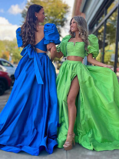 Makai | Green Two-Piece Puff Sleeves Satin Long Prom Dress With Split