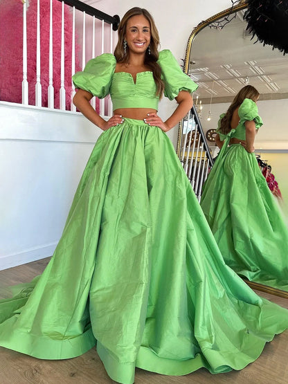 Makai | Green Two-Piece Puff Sleeves Satin Long Prom Dress With Split