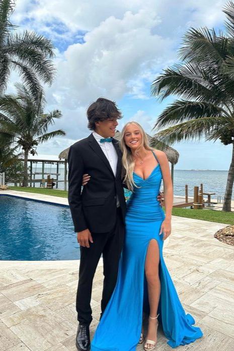 Mako | Cute Mermaid V Neck Blue Satin Slit Prom Dress