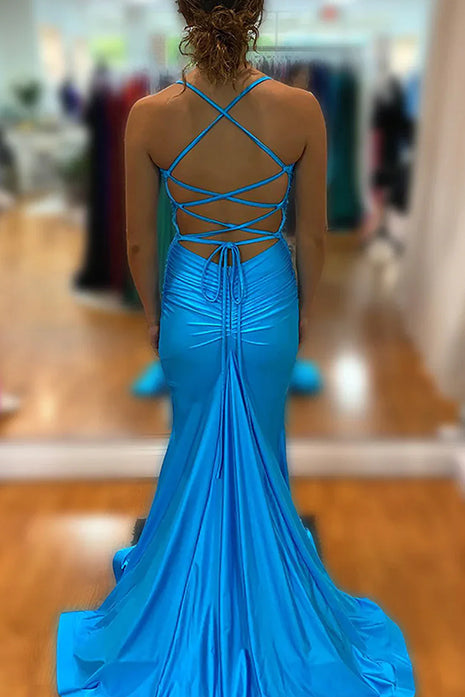 Barrie | Mermaid Spaghetti Straps Blue Satin Long Prom Dress with Criss Cross Back