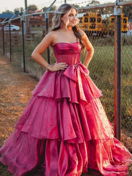 Malvis | Ball Gown Strapless Organza Long Prom Dresses with Bow