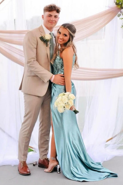 Marcia | Blue Spaghetti Straps Satin Mermaid Long Prom Dress With Beading