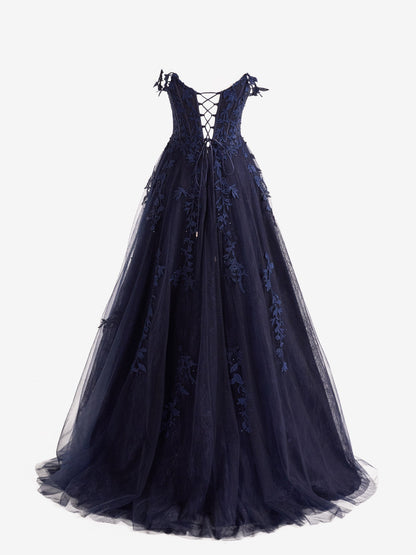 Mariana |Navy Blue A-line Sweetheart Lace Tulle Prom Dress with Slit