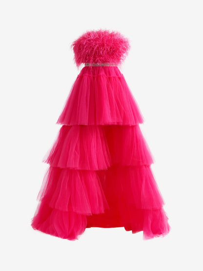 Marie| Fuchsia A-line High-Low Strapless Ruffled Tulle Prom Dress with Feathers