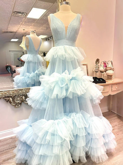 Marin | Sky Blue V Neck Ruffles A-line Tulle Prom Dress