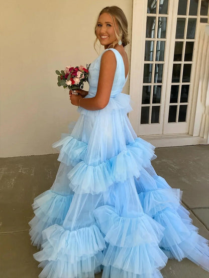 Marin | Sky Blue V Neck Ruffles A-line Tulle Prom Dress