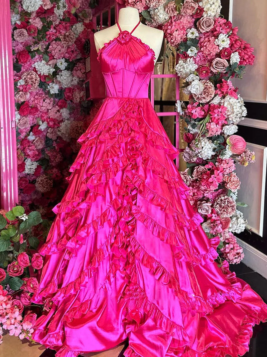 Markel |  Fuchsia Halter Neck Tiered Ruffles Long Prom Dress